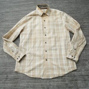 Tasso Elba Shirt Men Button Up Long Sleeve Brown White Tan Cotton Small 14 14.5